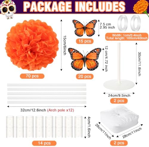 Cinnvoice 109 Pcs Day of the Dead Marigold Arch Set Include 70 Paper Marigold 1 Arch 2 Fixing Bracket Set Tape Simulated Monarch Butterfly for Diwali Day of the Dead Altar Table Decor (Orange) - Image 2