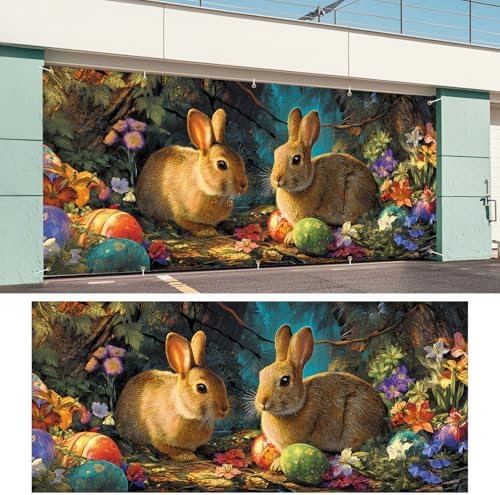 Easter Bunnies and Eggs Garage Door Banner 7x16FT, Cute Bunnies and Colorful Eggs Outdoor Spring Holiday Decoration for Yard and Garage - Image 6