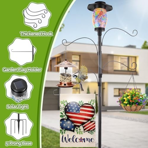 4-Hook Solar Shepherds Hooks for Outdoors,80In Bird Feeder Pole with 5 Prongs Base|Flag Holder|Solar Lights,Heavy Duty Garden Stand Hooks for Hanging Plant Baskets,Wind Chimes,Lanterns - Image 4
