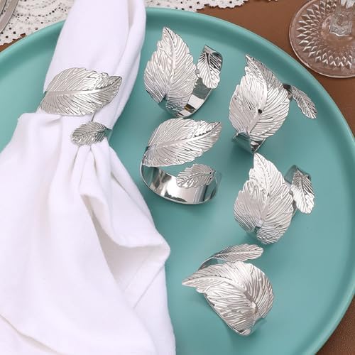 Silver Napkin Rings Set of 50,Metal Leaf Napkin Ring Silver Cloth Holders Bulk for Weddings Holiday Dinner Party Spring Thanksgiving Christmas Gathering Banquet Dinner White Table Decor(50) - Image 2