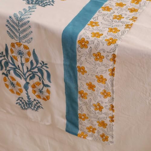 Hand Block Printed Cotton Table Runner, Machine Washable Cotton Runner, Boho Floral Table Accent for Long Dining Tables and Buffet Displays, 12x102 Inches - Teal Blue & Yellow - Image 4