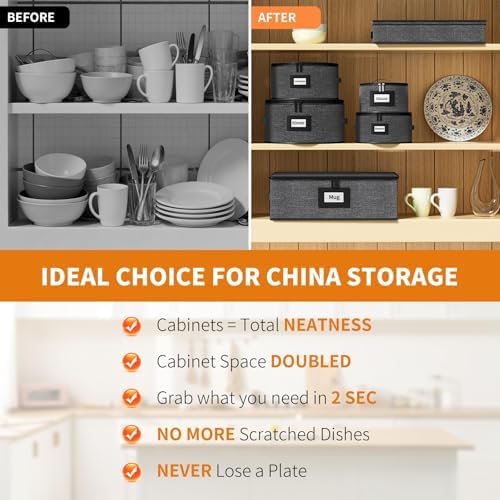 Aokeyee 6-Piece China Storage Containers Set, Hard Shell Moving Boxes for Dishes, Plates, Mugs & Flatware – Dinnerware Organizer with Soft Felt Dividers, Sturdy Handles & Zippers, Grey - Image 4