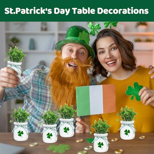 St Patricks Day Decoration - 6PCS St.Patrick's Day Mini Mason Jars with Artificial Shamrock White Green Decorative Jars Saint Patricks Tiered Tray Spring Decor for Home Kitchen Farmhouse Table - Image 5
