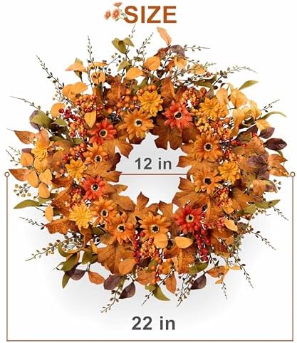 Artificial Fall Wreath 22 Inch Fall Wreaths for Front Door with Orange Berries Daisies Eucalyptus Leaves Autumn Door Wreaths for Thanksgiving Harvest Festival Wall Porch Farmhouse - Image 3