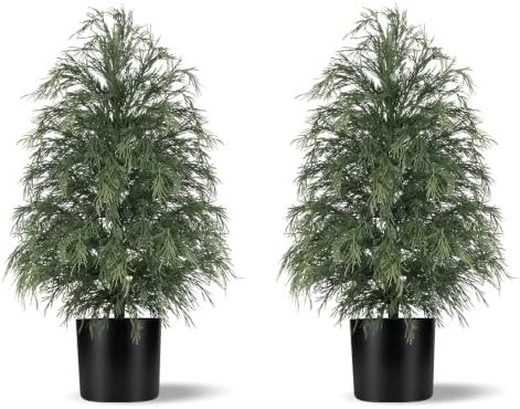 Grooy 2FT Artificial Cedar Topiary Trees, 2 Pack Fake Shrubs with Pot by FEELTHENEWWORLD