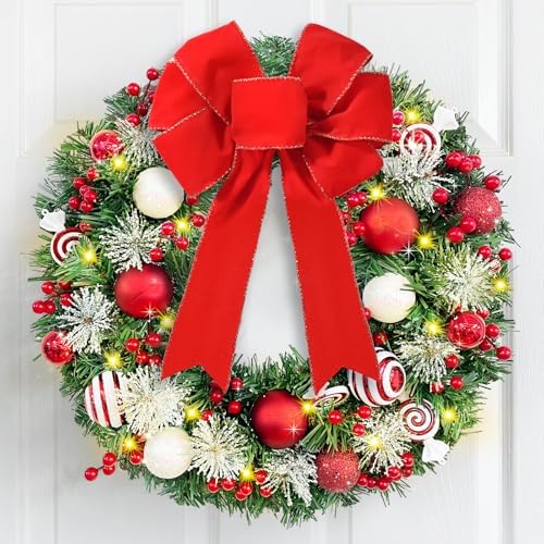Christmas Wreath with Lights, 20" Christmas Wreaths for Front Door with Red Bow, Christmas Door Wreath for Indoor Outdoor Fireplace Wall Window Christmas Decor by Yastouay