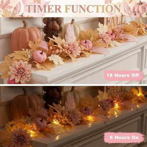 GAGEC 1Pcs 5.7FT Pink Fall Garland with Lights Pink Fall Decor Artificial Pumpkin Garland Without Battery Autumn Vine Decorations for Mantle Fireplace Porch Thanksgiving Decor - Image 4