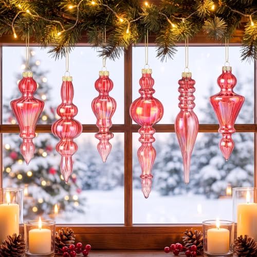 Soaoo 6 Pcs 6.3 in Iridescence Red Mercury Glass Finial Christmas Ornaments - Image 4