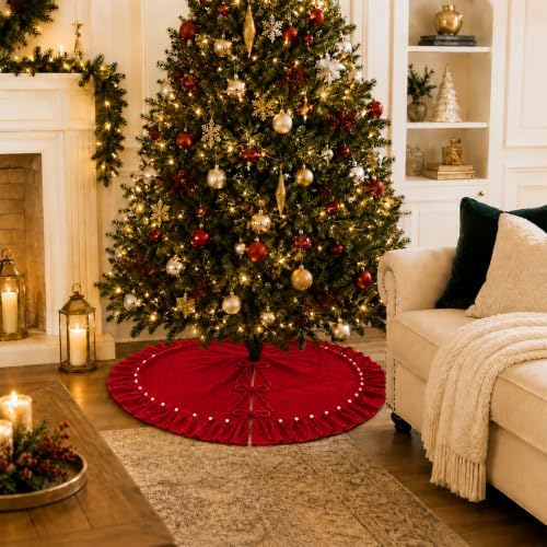 Red Velvet Christmas Tree Skirt with Ruffled Edge&Pearl,60" - Image 3
