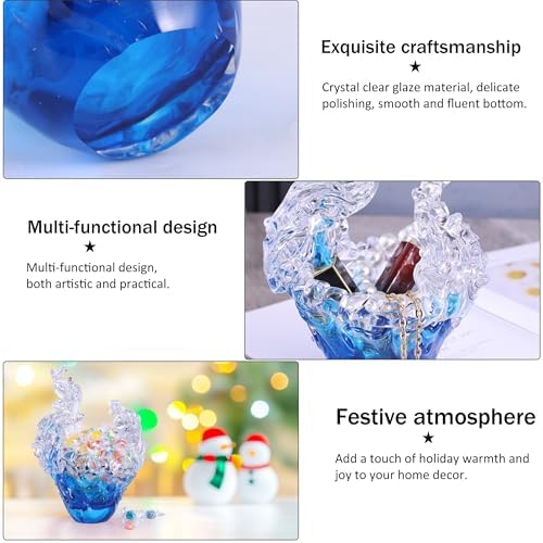 suruim Hand Blown Glass Wave Sculpture Figurines Blue and Clear Art Glass Bowl for Home Decor, Sea Glass Figurine, Nautical Sea Glass Decorations, Multipurpose Storage for Keys, Jewelry, Candy - Image 5