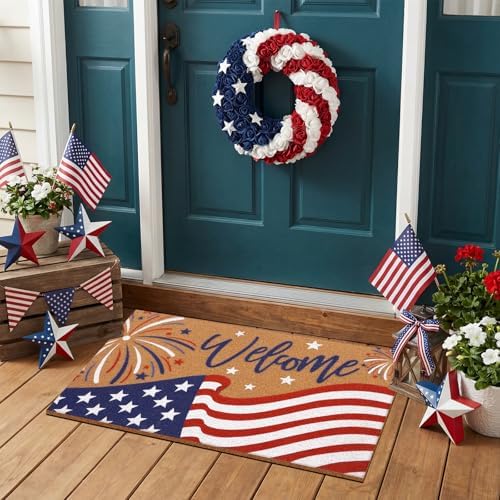 Tingjoo 2 Pcs 4th of July Door Mat and Patriotic Wreath for Front Door - Image 5