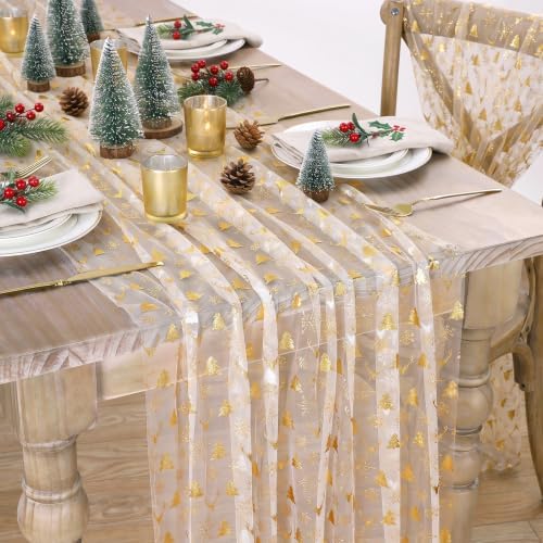 Christmas Snowflakes Table Runner Gauze Metallic Foil Kitchen Home Decor by LuoluoHouse