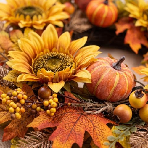 26" Fall Wreath for Front Door Pumpkin Artificial Wall Decor Autumn - Image 5