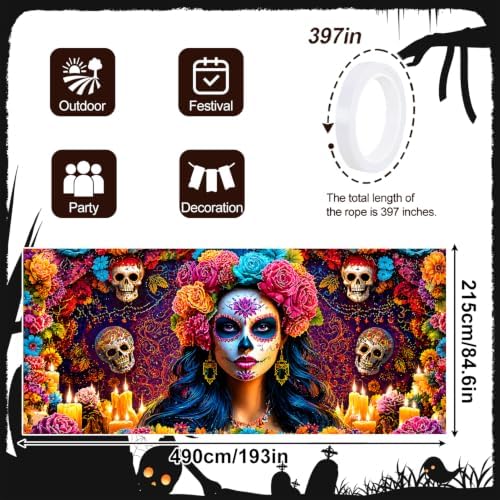 Mexican Day of the Dead Garage Door Banner 7x16ft, Dia de los Muertos Catrina Skull Bride Outdoor, Sugar Skull Altar Candle Double Garage Door Cover Tapestry Mural for House Front Holiday Decor - Image 2