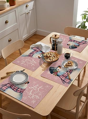 Christmas Placemats, Pink Snowman Let It Snow Winter Placemats Set of 6, Seasonal Christmas Holiday Place Mats Washable Table Mats for Dining Table - Image 4