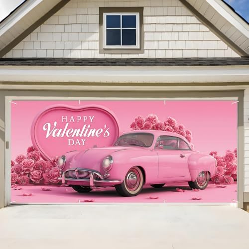 Valentine’s Day Garage Door Banner 6x13FT, Pink Vintage Car and Rose Heart Garage Door Cover, Romantic Outdoor Decoration for Garage Doors, Yard & Love Theme Party Backdrop by ANNAQUEEN