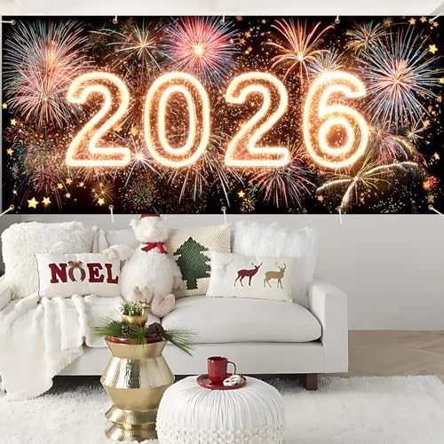 2026 New Year Garage Door Banner 7x16FT, Neon Glow 2026 Fireworks Garage Door Cover, Large Outdoor Happy New Year Decoration Backdrop for Garage Door, Fence, Yard, Party Photo Booth - Image 5