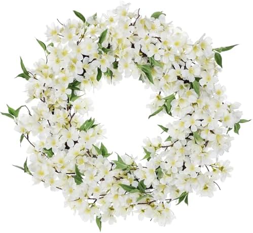 Spring Summer Wreaths for Front Door, 20 Inch Cherry Blossom Wreaths for Spring Summer Decor, White Wreaths for Front Door, Window, Home, Wall, Porch, Farmhouse Decor, Spring Artificial Flower Wreaths by VillaComo