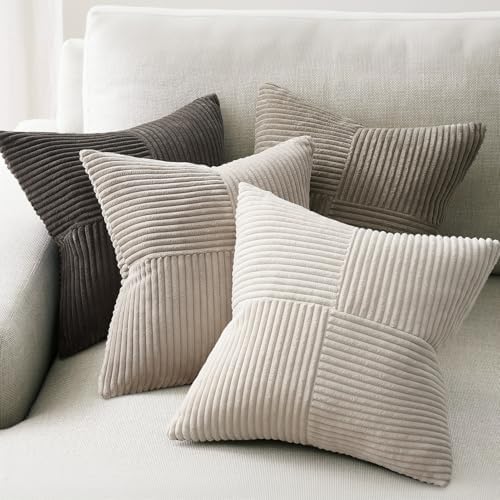 Topfinel Decorative Neutral Throw Pillow Covers 22×22,Farmhouse Cozy Cushion Cover Set of 4 with Corduroy,Soft Accent Pillowcases for Couch,Bed,Living Room Home Decor (Cream,White) by Topfinel