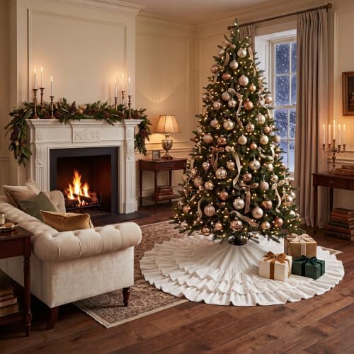 Hollowfly 48 Inch Ruffled Velvet Christmas Tree Skirts White Tree Skirt - Image 6