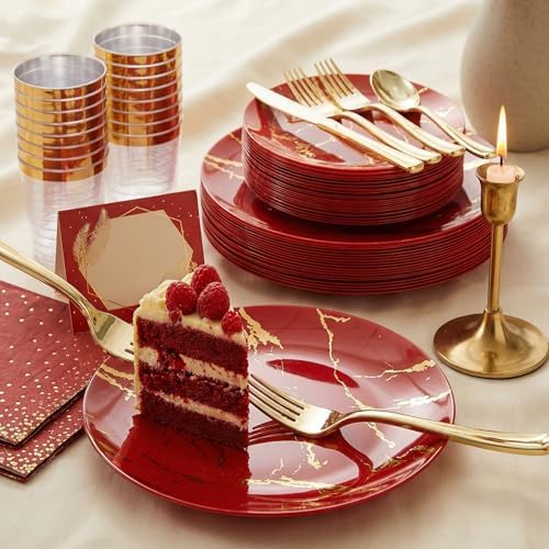N9R 225PCS Red Gold Plastic Plates, Disposable Dinnerware Set hibachi Party - Image 6