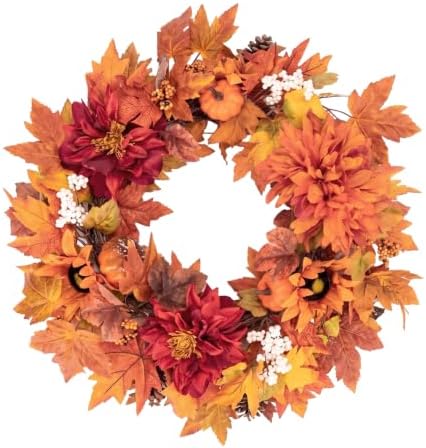 Fall Wreaths for Front Door Decor Artificial Flower, 24" Pumpkin Autumn by Culudea