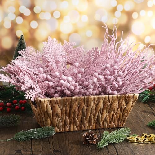 75 Pcs Christmas Glitter Tree Picks 3 Styles Berry Stems, Light Pink - Image 4