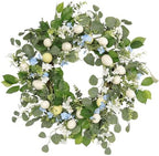 20 Inch Easter Wreath for Front Door, Spring Eucalyptus Wreath with Blue Wildflowers & Cream Speckled Eggs, Farmhouse Summer Holiday Decor by Unknown