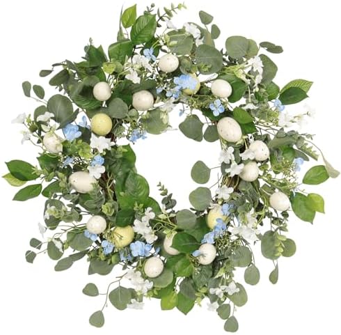 20 Inch Easter Wreath for Front Door, Spring Eucalyptus Wreath with Blue Wildflowers & Cream Speckled Eggs, Farmhouse Summer Holiday Decor by Unknown