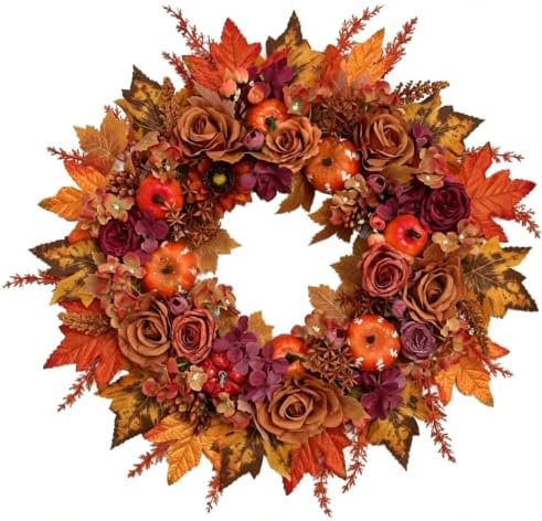 24 Inch Fall Wreath for Front Door, Artificial Autumn Harvest Wreath with Maple Leaf, Pumpkin, Rose, Pinecone, Autumn Sunflower Wreath，Thanksgiving Wall Window Porch Outdoor Indoor Home Decor by Unknown