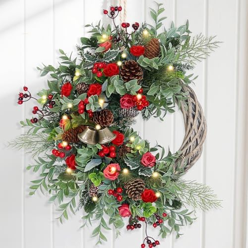 Christmas Wreath for Front Door, Artificial Door Wreaths with LED Lights Bells Berries & Pinecones Christmas Decorations, Xmas Wreaths for Wall Window Fireplace Holiday Home Decor by Anhiy