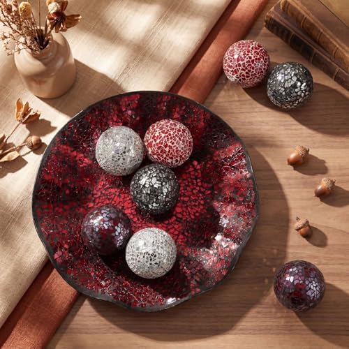 Suclain Centerpiece Bowl and Decorative Balls Set 8 Pcs Table Mosaic Plate with 2.4 Inch Glass Mosaic Orbs Glass Turquoise Tray and Spheres for Centerpiece Table Home Vases Decor (Red and Black) - Image 6