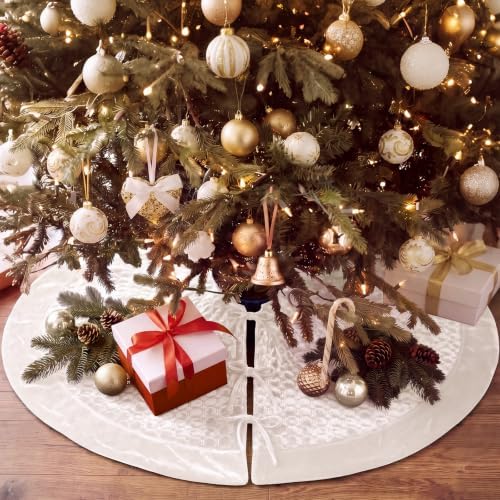 Arrowbash 48 Inch Velvet Christmas Tree Skirt Quilted Tree Skirt, Cream - Image 5