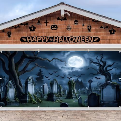 Halloween Garage Door Cover 7x16ft Spooky Graveyard Halloween Garage Door Banner Creepy Hallows' Decorations for 2 Car Garages Cemetery Backdrop for Wall Large Banners - Image 2