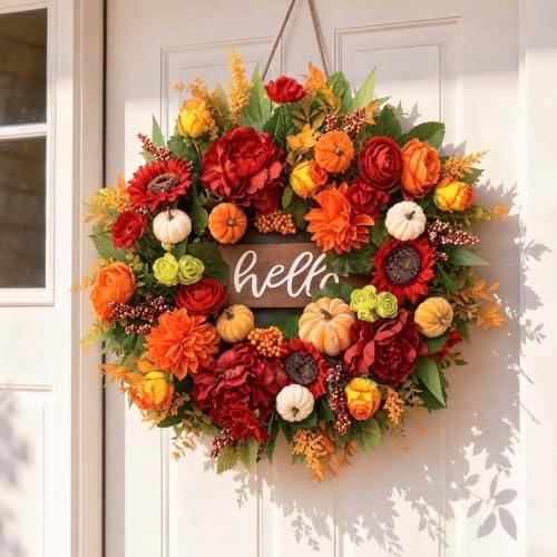 24 Inch Fall Wreath for Front Door,Farmhouse Harvest Door Wreaths - Image 2