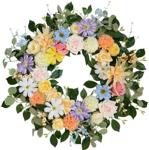 Spring Wreaths for Front Door,Summer Wreath with Rose and Dahlia Flowers,24 Inch Floral Door Wreath for All Seasons Outside Outdoor Indoor Wall Wedding Holiday Home Farmhouse Decor by CIROASES