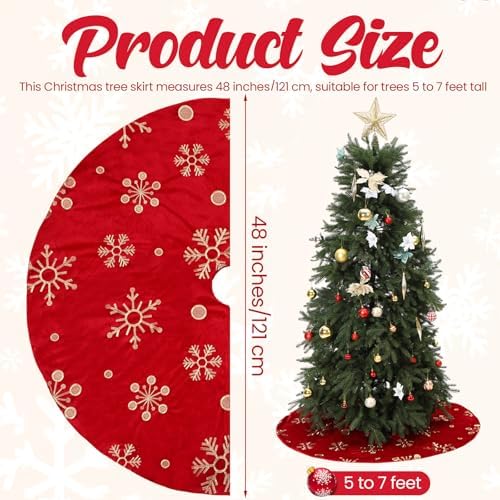 Nuanchu 48 Inch Christmas Tree Skirt, Large Red Velvet Fur Tree Skirt, Luxury Gold Embroidered Snowflake Trees Cover for Merry Christmas Party Vintage Holiday Decorations - Image 4