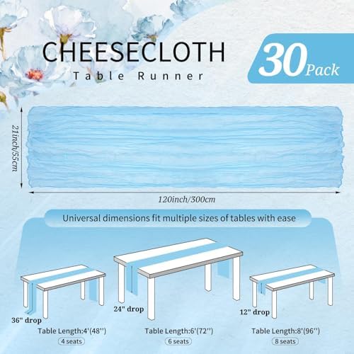 30 Pack Cheesecloth Table Runner 10FT Baby Blue Table Runner Light Blue Boho Gauze Cheese Cloth Table Runners Long Rustic Sheer Table Decorations for Wedding Party Baby Bridal Shower Birthday Holiday - Image 2