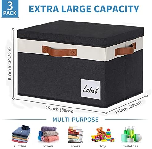 GhvyenntteS Large Storage Bins with Lids (3 Pack), Storage Baskets with Lid and Label Window, Foldable Fabric Storage Boxes with 3 Handles for Home Office College Dorms (Black, 15" x 11" x 9.7") - Image 3