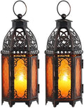 Set of 2 Moroccan Lanterns Decorative Indoor & Outdoor, 11’’ Medium Size Vintage Metal Hanging&Tabletop Candle Holder Decor, Halloween Christmas Ramadan Decorations for Home (Amber) by DECORKEY