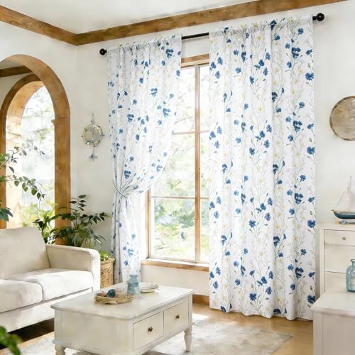 youleyar Floral Curtains 84 Inches Long for Living Room 2 Panels Printed Pattern Curtain Rod Pocket Spring Summer Watercolor Blue and White Floral Window Drapes for Girls Bedroom, 52" W x 84" L - Image 3