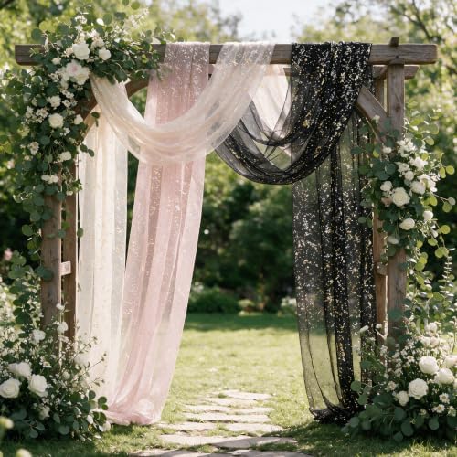 Artoid Mode 3PC Beige Black Pink Gauze Table Runner 120 Inch 10FT, Glitter Metallic Foil Sheer for Wedding Anniversary Holiday Birthday Home Party Decor - Image 2