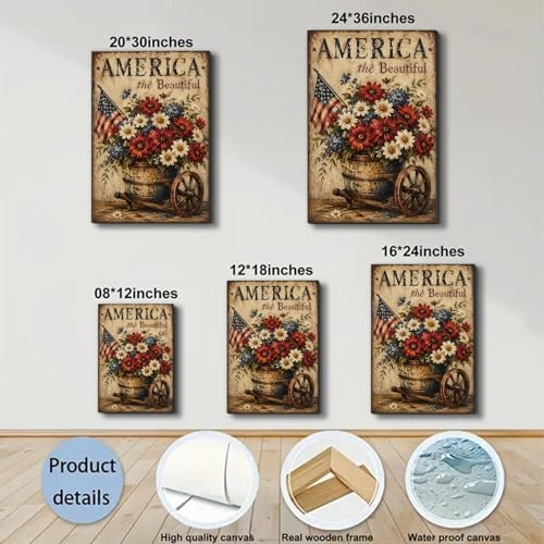 Ship Next Day - Framed Patriotic Wall Art Canvas, America the Beautiful Floral Painting, Rustic Farmhouse USA Flag Canvas Print for Living Room, Kitchen, Bedroom, Office, Made in USA - Image 6