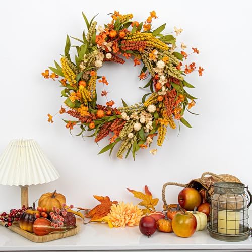 JINGHONG Artificial Fall Wreath 20 Inch Fall Wreaths for Front Door Orange Autumn Wreath with Pumpkins Grain Ears Foliage for Harvest Thanksgiving Day Wall Porch Farmhouse - Image 3