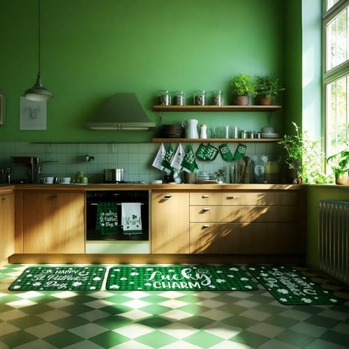 VitalCozy 10 Pcs St. Patrick's Day Kitchen Decor Set Shamrock Kitchen Towel and Rugs Oven Mitts Pot Holders for Home Cooking Baking Decorations - Image 5