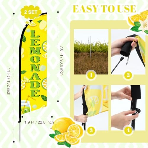 HunnmingRe 2 Set 11ft Lemonade Feather Flag Kit, Large Advertising Swooper Flag Banner with Aluminum & Fiberglass Poles and Ground Stakes, High-visibility Outdoor Sign for Business, Store - Image 4