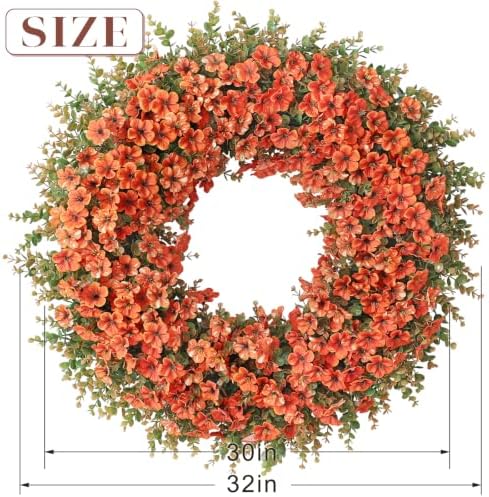 32" Large Artificial Silk Flower Eucalyptus Wreath for Outdoor(Fall Orange) - Image 6