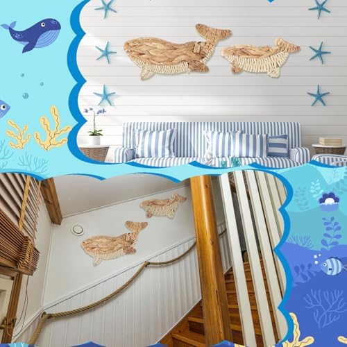Threehoney 2 Pcs Whale Beach Wall Decor 2 Size Handmade Wicker Whale Nautical Theme Decor Hanging Ocean Coastal Wall Art Sculpture for Boho House Bathroom Bedroom Indoor Outdoor Ornament - Image 4