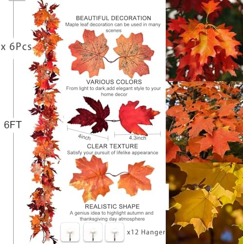 DearHouse 6 Pack Fall Garland Maple Leaf Clearance, 5.9Ft/Piece Hanging Vine Artificial Autumn Garland Thanksgiving Decor for Home Wedding Fireplace Party Christmas (Red) - Image 3