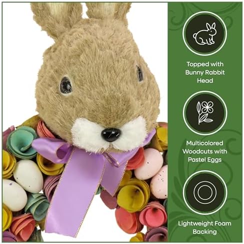 National Tree Company 24 in Artificial Easter Wreath Decorated with Colorful Wood Curl Flower Blooms, Pastel Eggs, Ribbon, Bunny Head, Indoor or Covered Outdoor Easter Decoration, Front Door Wreath - Image 7